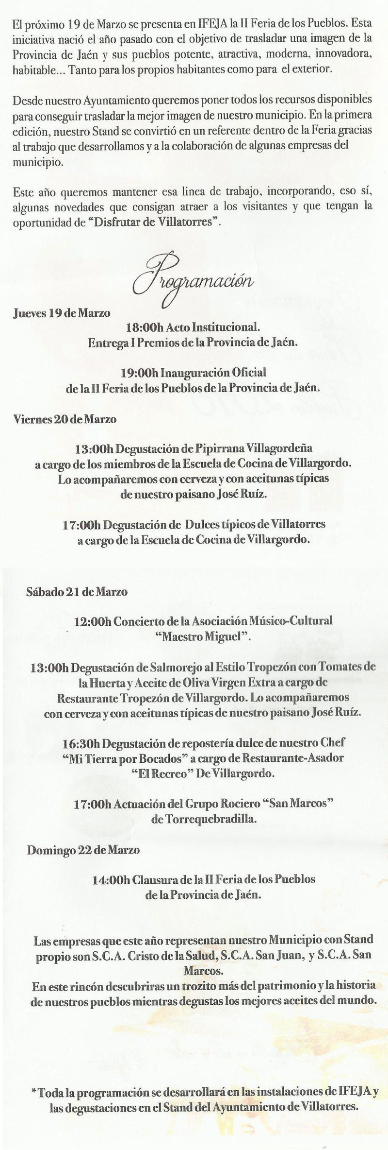 Programación de Villatorres en la Feria de los Pueblos 2015