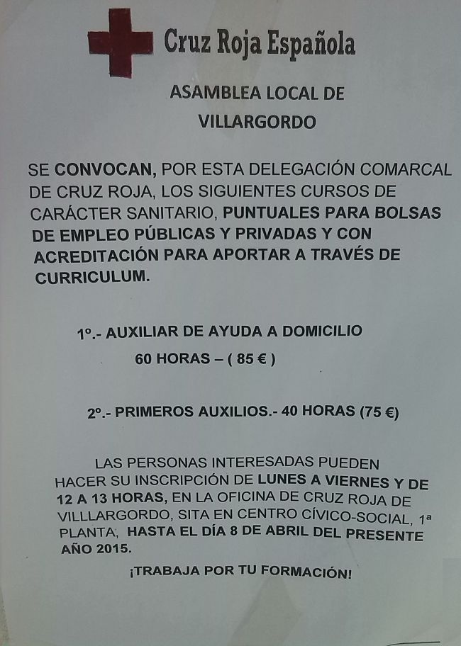 Nuevos cursos convocados por Cruz Roja de Villargordo
