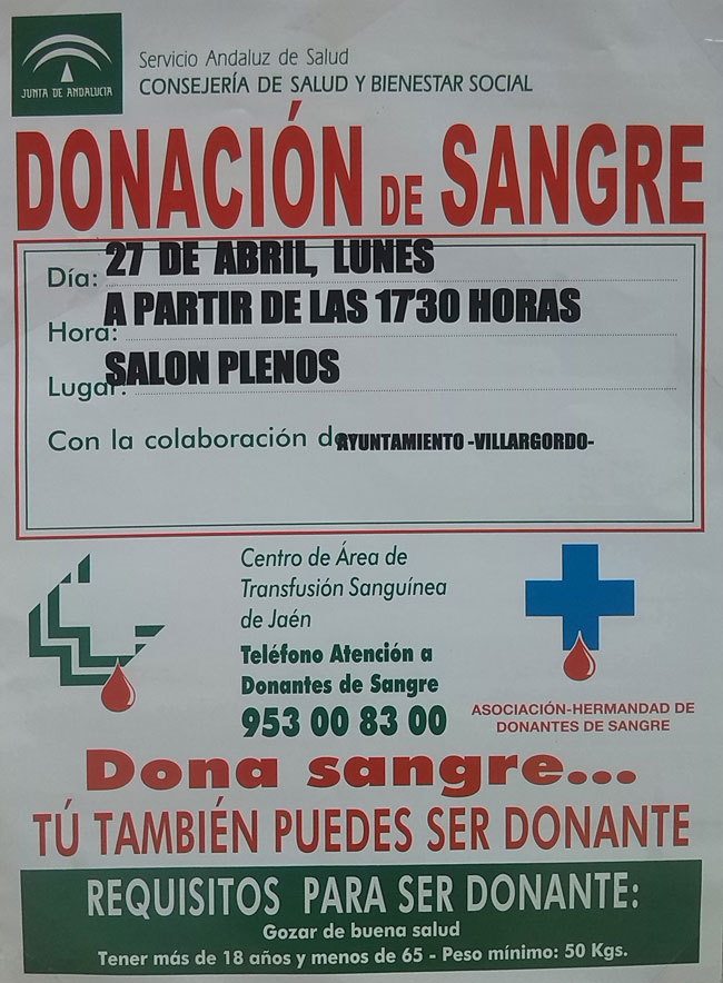 Donación de Sangre el próximo Lunes 27 de Abril