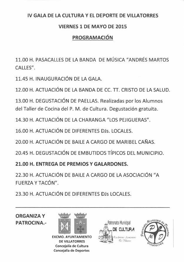 IV Gala de la Cultura y el Deporte de Villatorres el 1 de Mayo