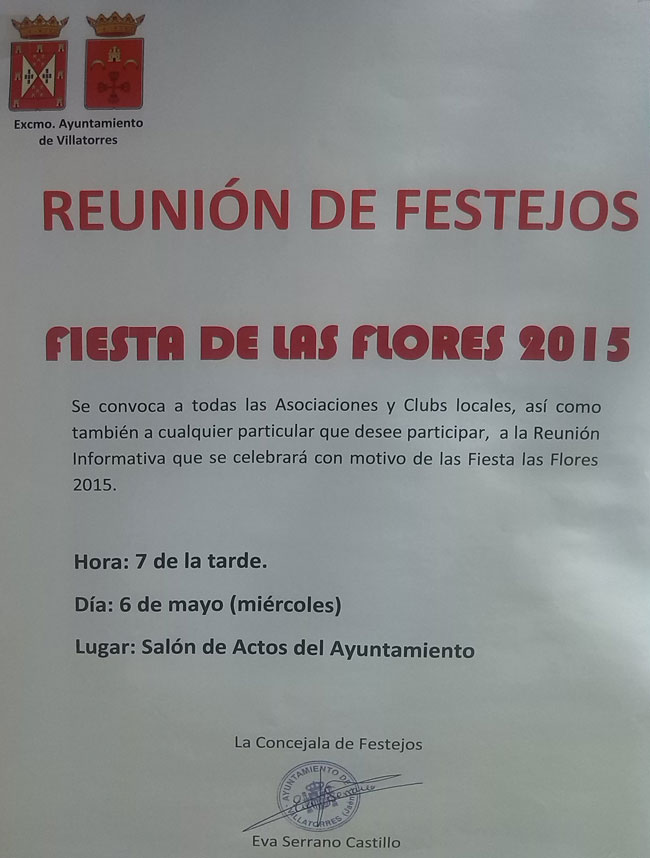 El Ayuntamiento convoca Reunión Informativa para la Fiesta de las Flores 2015