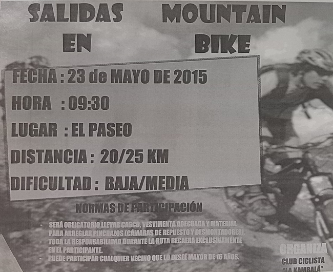 Salida en Mountain Bike el 23 de Mayo organizada por el Club Ciclista La Kambalá
