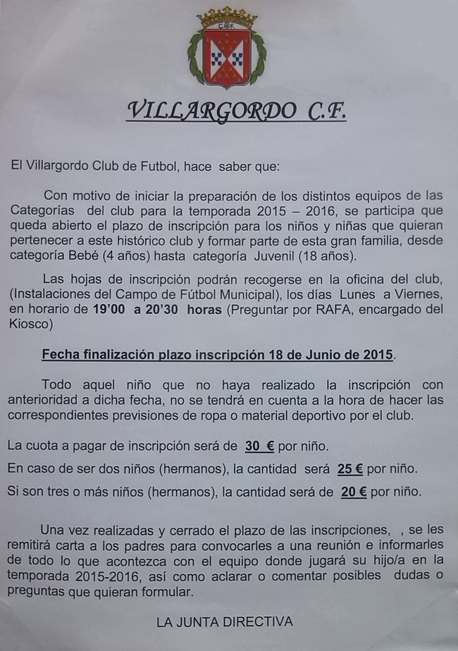 El Villargordo C. F. abre el plazo de inscripción para las categorías inferioress