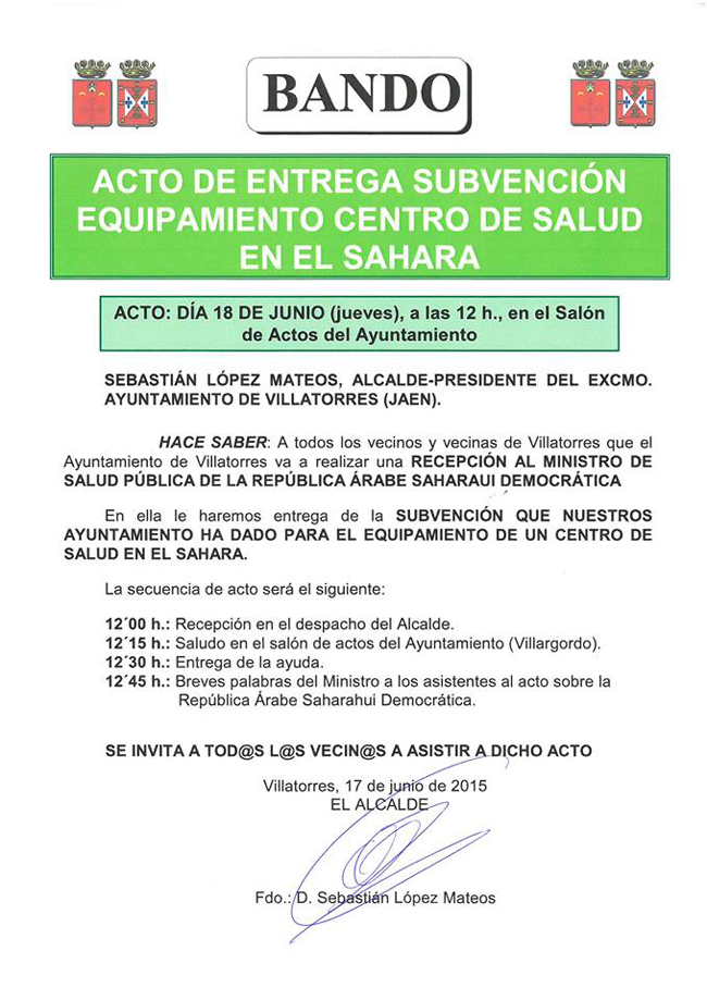 Acto de Entrega de Subvencion para Equipamiento en Centro de Salud en el Sáhara