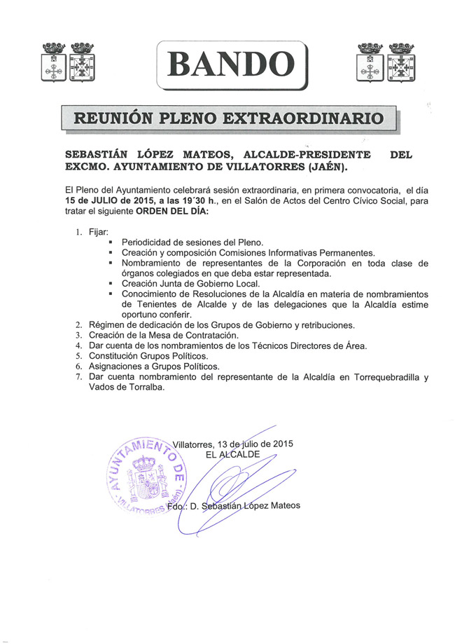 El Ayuntamiento de Villatorres convoca pleno extraordinario el 15 de Julio