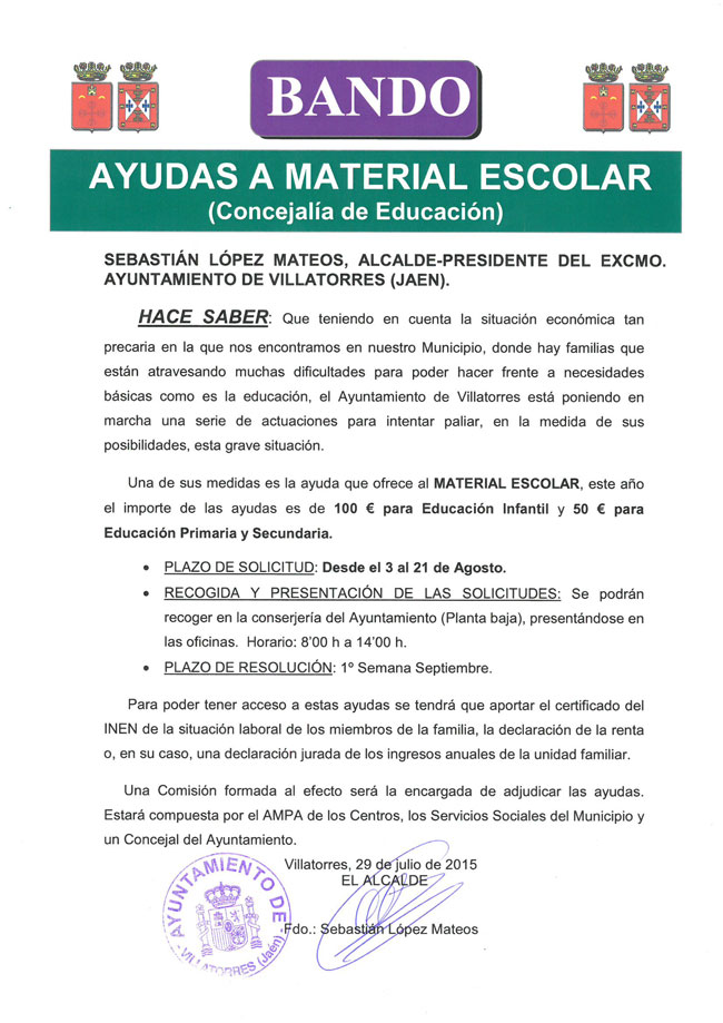 Abierto el plazo para solicitar ayudas para material escolar