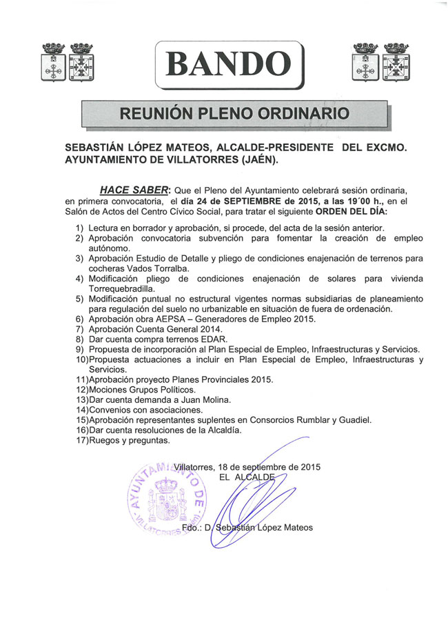 El Ayto. de Villatorres convoca pleno ordinario para el próximo 24 de septiembre