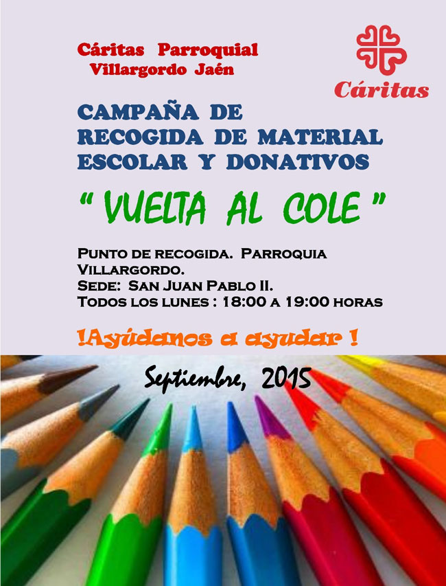 Cáritas organiza una campaña de recogida de material escolar y donativos