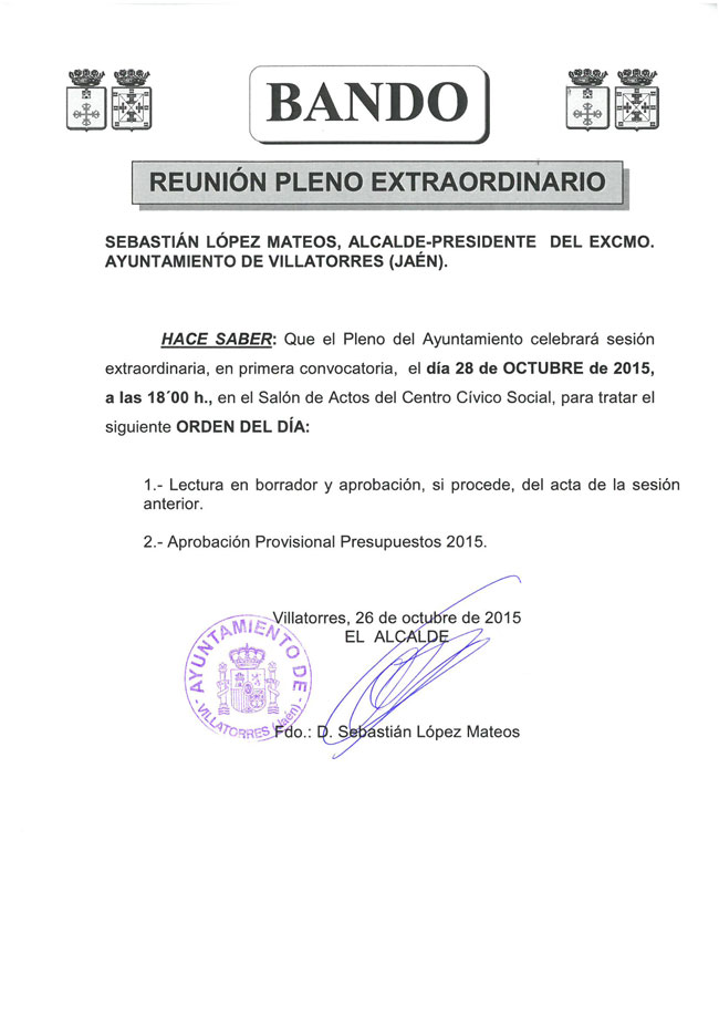 El Ayto. de Villatorres convoca pleno extraordinario para la aprobación provisional de los Presupuestos de 2015