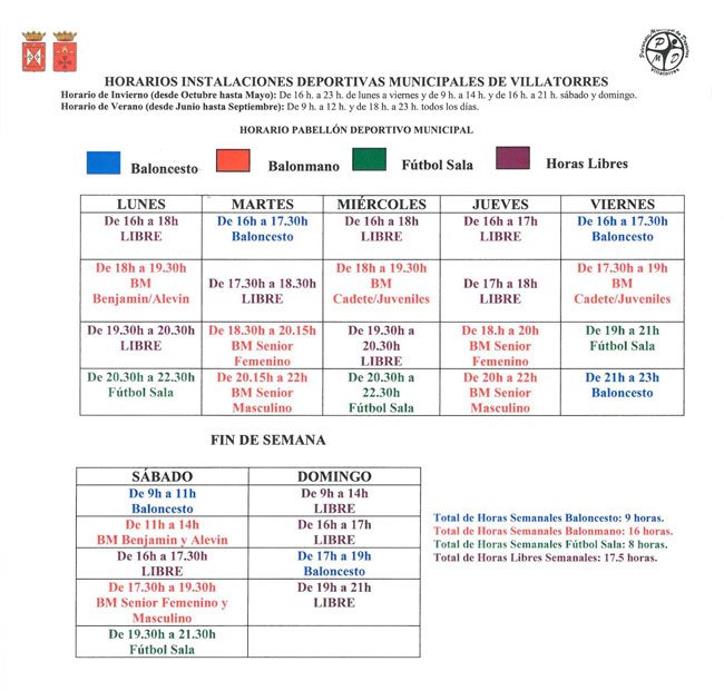 El Ayto. de Villatorres y el Patronato de Deportes publican los horarios del Pabellón deportivo