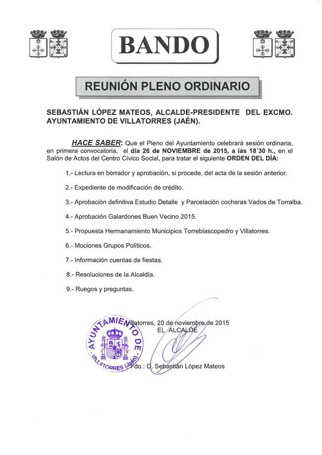 El Ayto. de Villatorres convoca pleno ordinario el 26 de Noviembre de 2015