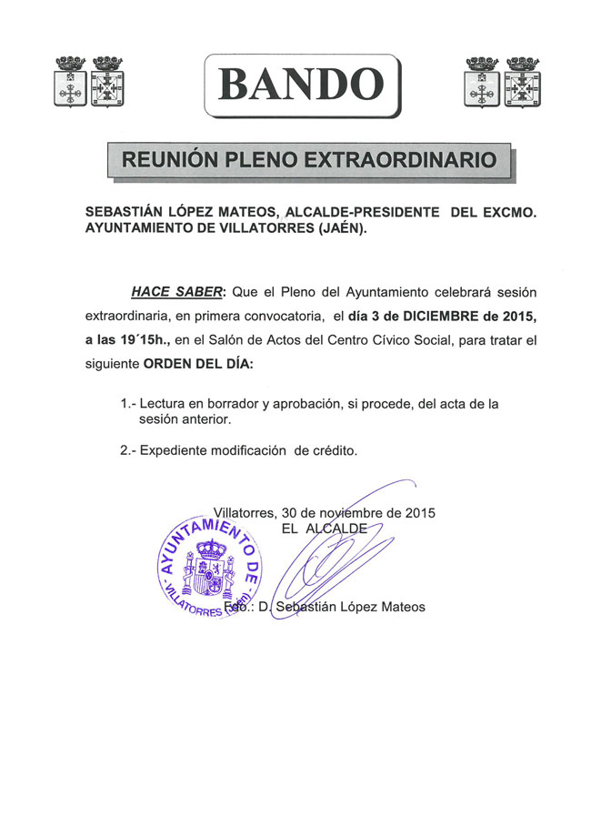 El pleno del Ayuntamiento celebra sesión extraordinaria el 3 de diciembre