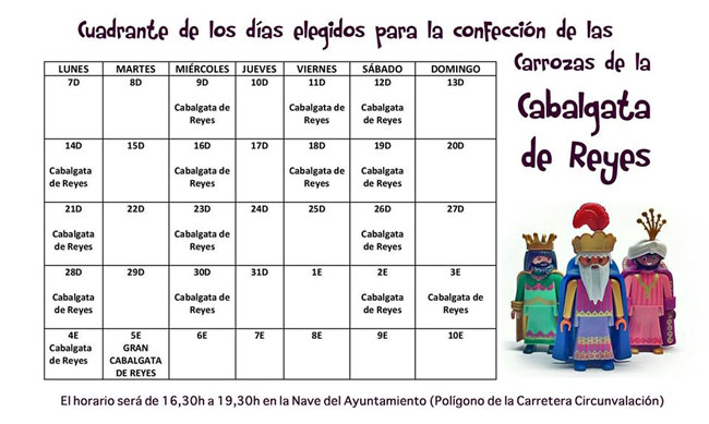 El Ayuntamiento publica el calendario para la confección de las Carrozas para Cabalgata de Reyes