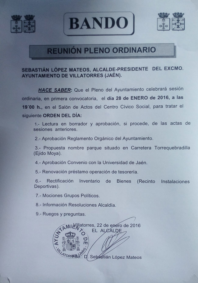 El Ayto. de Villatorres convoca pleno ordinario el 28 de Enero de 2016