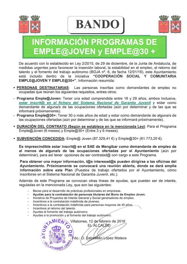 Bando sobre los programas de Emple@Joven y Emple@+30 publicado por el Ayuntamiento 