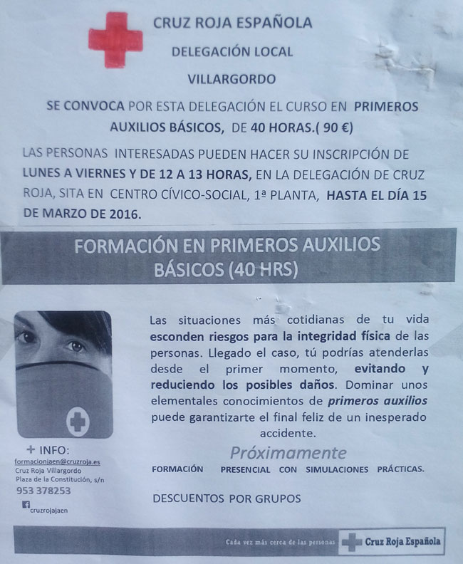 Abierto el Plazo de Inscripción al Curso de Primeros Auxilios Básicos organizado por Cruz Roja