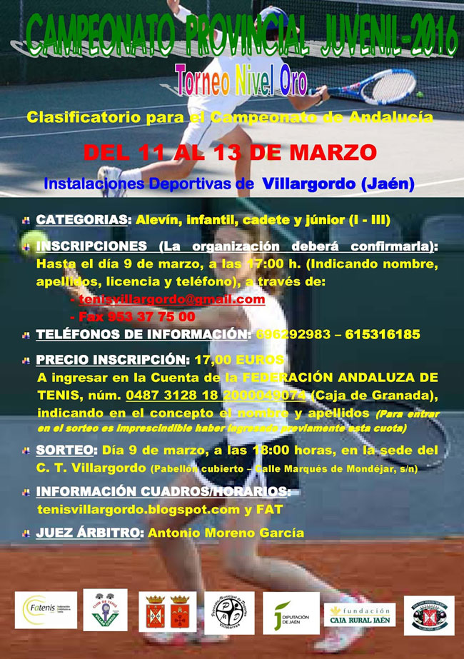 Abierto el plazo de inscripción al Campeonato Provincial Juvenil de Tenis 2016 Torneo Nivel Oro