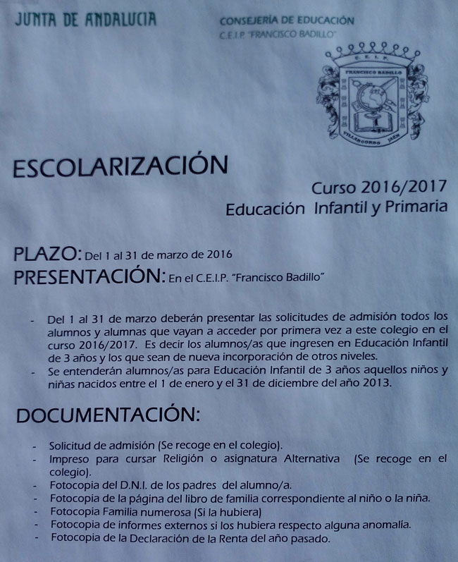 Abierto el plazo de Escolarización para el curso-2016-2017