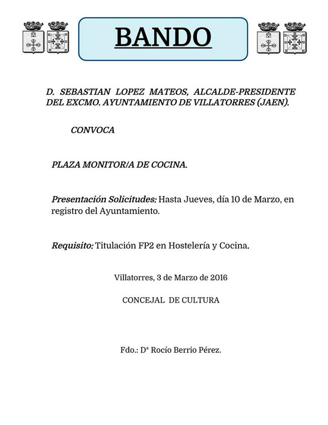 Plaza de Monitor/a de Cocina convocada por el Ayuntamiento