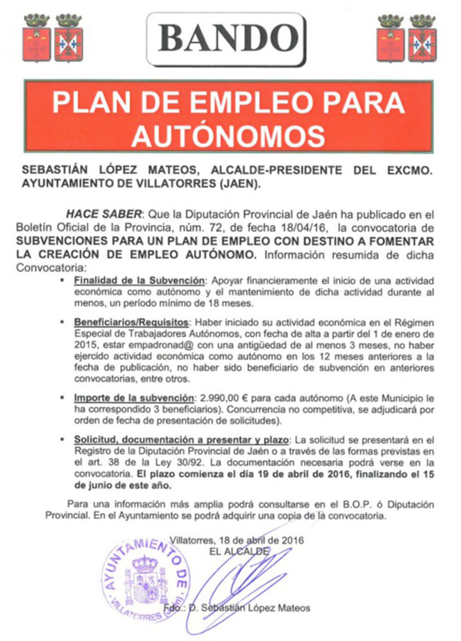 Subvenciones para el Plan de Empleo Autonómo convocadas por la Diputación