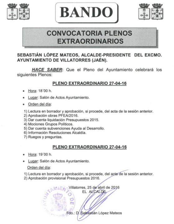 El Pleno del Ayuntamiento celebrará  dos Plenos Extraordinarios el día 27