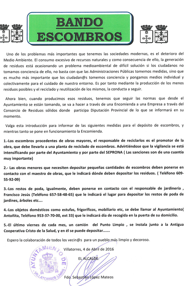 Bando publicado por el Ayuntamiento sobre Escombros 