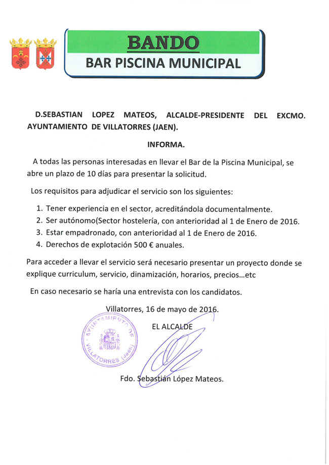 El Ayto. de Villatorres publica bando sobre el bar de la piscina