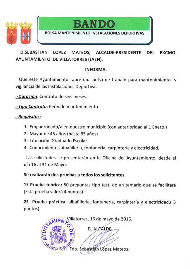 El Ayto. de Villatorres abre bolsa para mantenimiento y vigilancia de las instalaciones deportivas