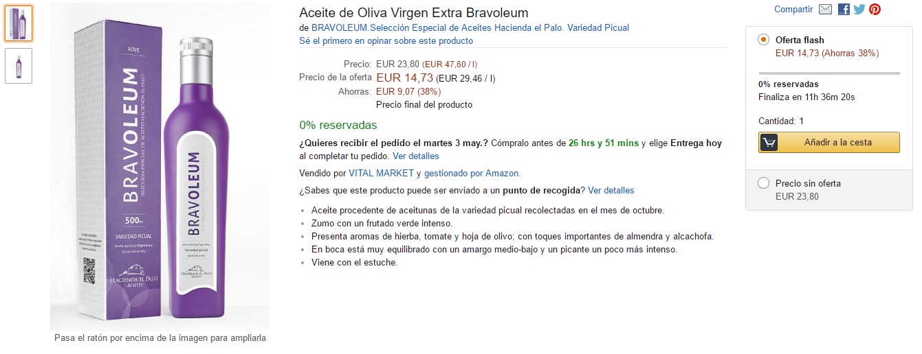 El Aceite de Oliva Virgen Extra Bravoleum villargordeño en ofertas flash de Amazon
