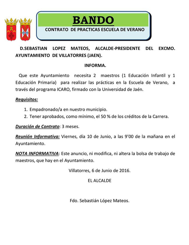 El Ayuntamiento convoca prácticas para las Escuelas de Verano