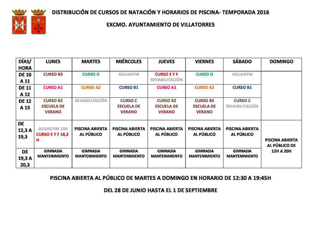 Horarios de la Piscina Municipal y Cursos de Natación 2016