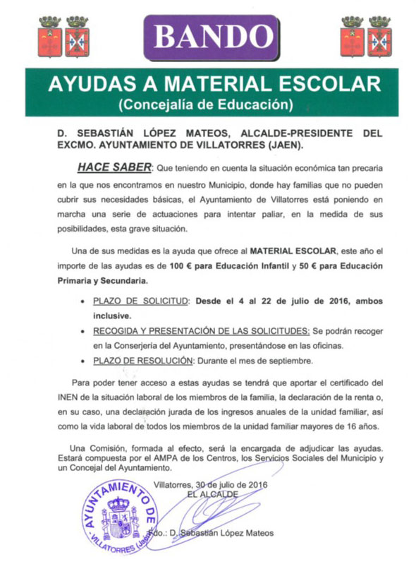 Abierto el plazo de inscripción para ayudas de material escolar