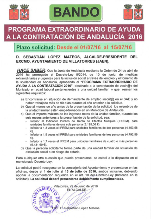 Abierto el plazo de solicitud para Programa Extraordinario de Ayuda a la Contratación 2016