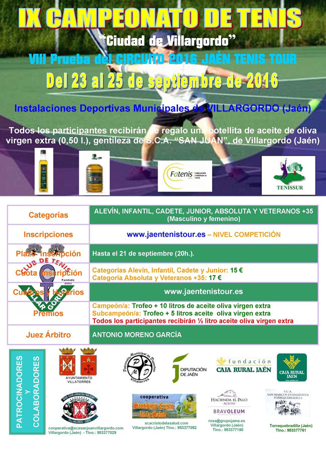 Abierto el plazo de inscripción al IX Campeonato de Tenis Ciudad de Villargordo