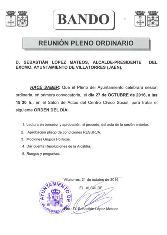 El Pleno del Ayuntamiento celebrará sesión ordinaria el 27 de octubre 