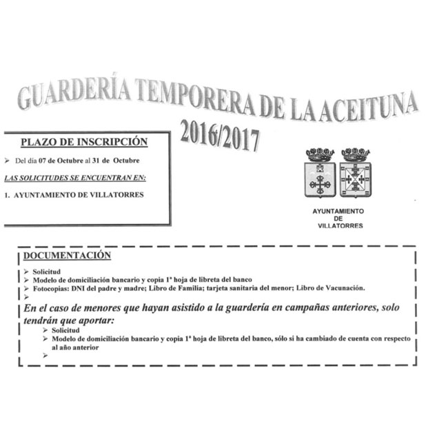 Abierto el plazo de inscripción a la Guardería temporera de la aceituna