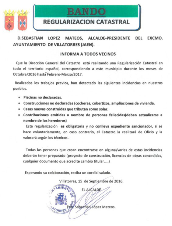 El Ayuntamiento publica un Bando sobre la Regularización Catastral