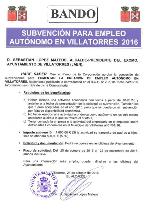 El Ayuntamiento publica un bando sobre la convocatoria de subvenciones para el empleo autónomo