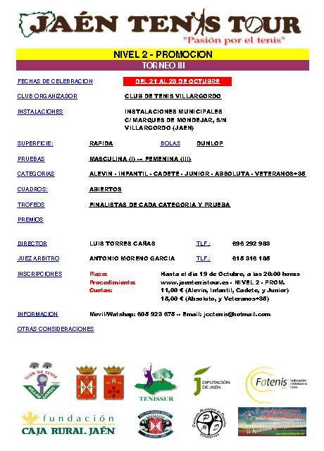 Jaén Tenis Tour 2016 - Nivel 2 (promoción) torneo 3 en Villargordo