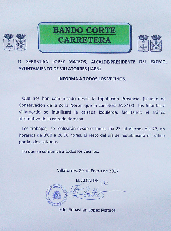 Aviso restricciones en la carrera Las Infantas y Villargordo