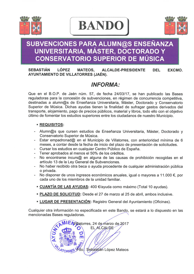 Subvenciones para alumnos de Grado, Master, Doctorado y Conservatorio superior de música convocadas por el Ayto. de Villatorres