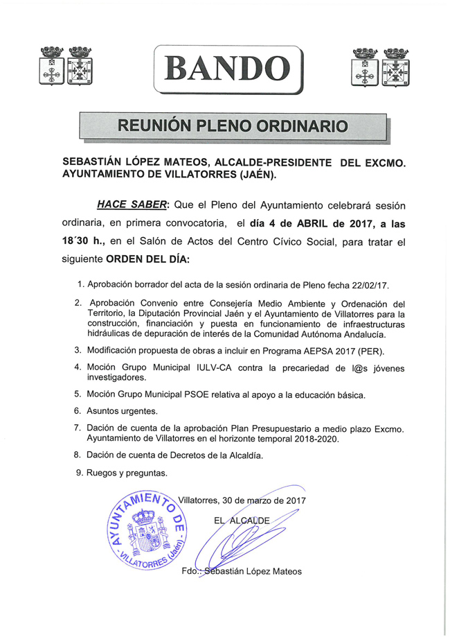 Pleno ordinario del Ayto. de Villatorres el próximo 4 de Abril