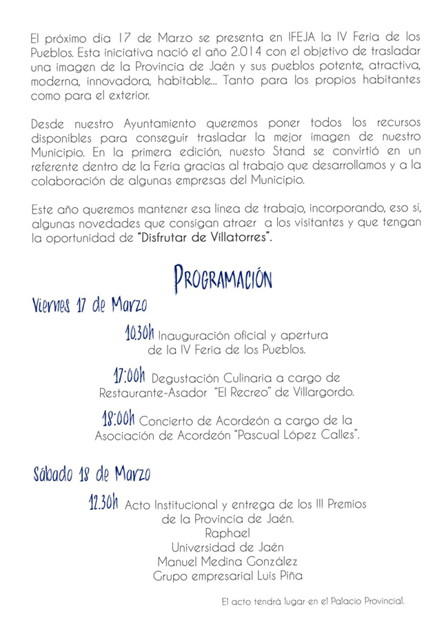 Programa de actividades de Villatorres en la Feria de los Pueblos