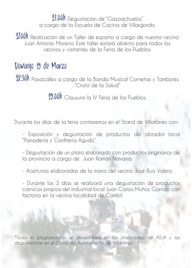 Programa de actividades de Villatorres en la Feria de los Pueblos