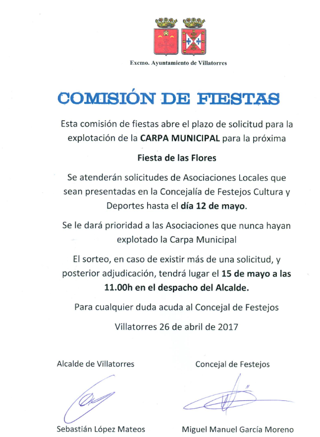 Abierto el plazo de solicitud para la explotación de carpa municipal 