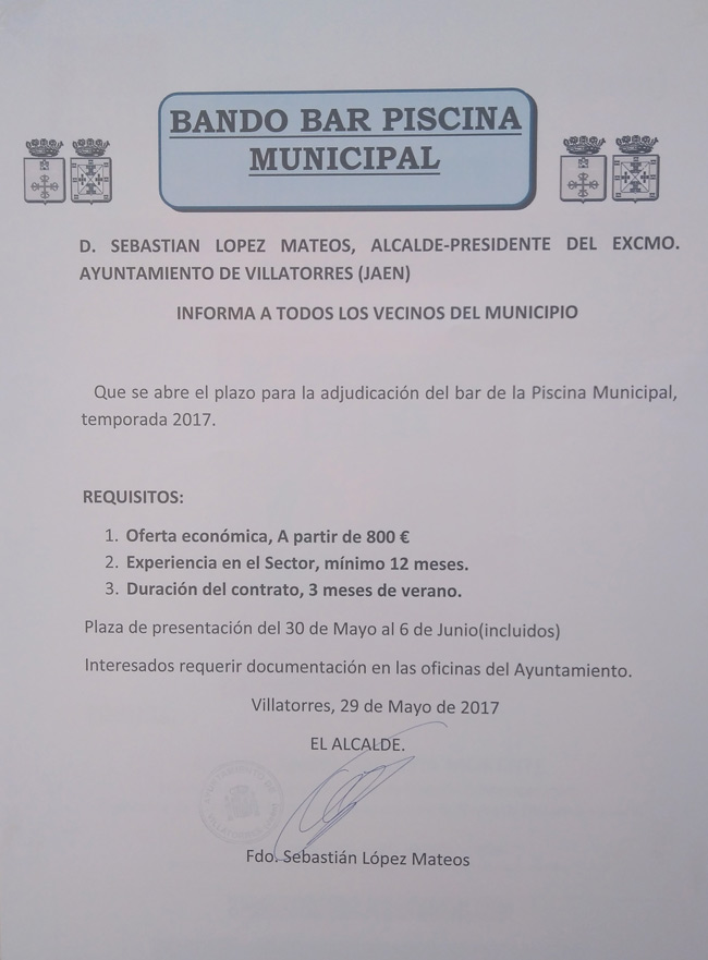 El Ayto. de Villatorres publica Bando para la gestión del Bar de la Piscina