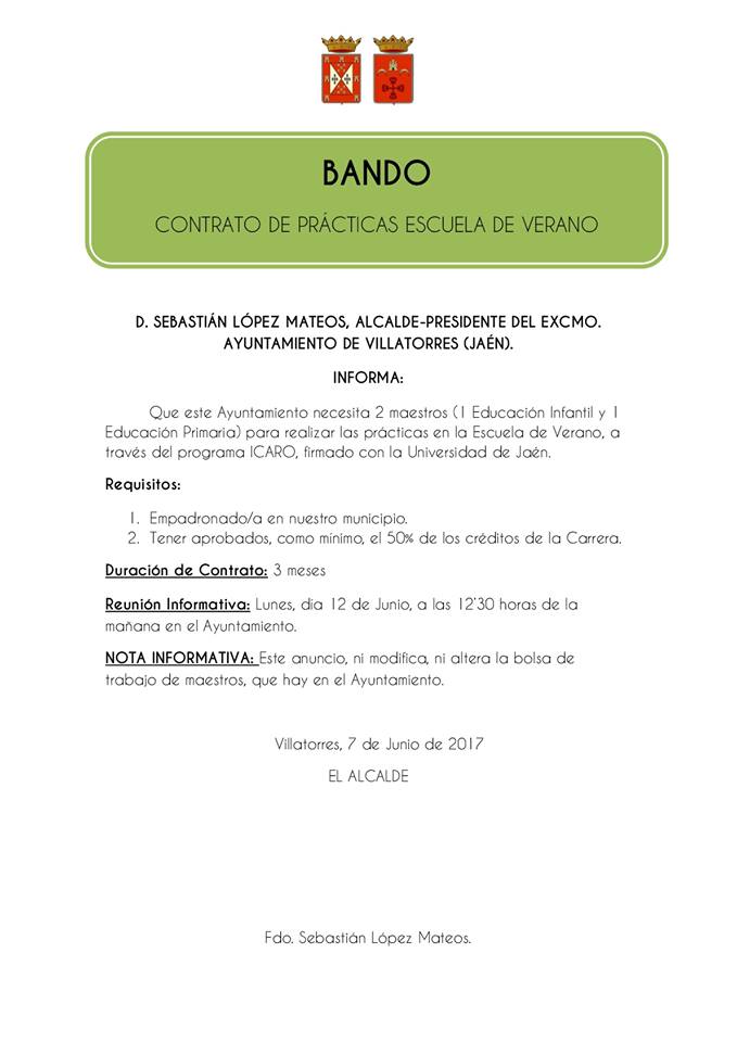 Bando del Ayuntamiento sobre contratos de prácticas en escuela de verano