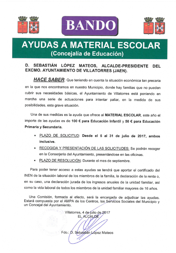 El Ayto. de Villatorres convoca ayudas para material escolar