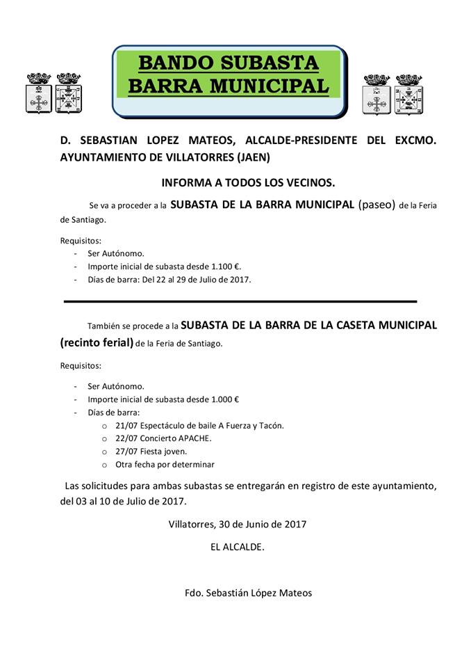 El Ayto. publica un bando sobre la subasta de la barra municipal