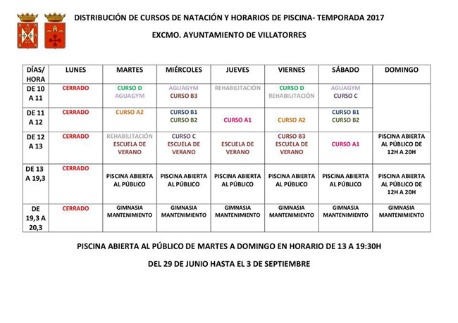 Horarios de piscina y cursos de natación